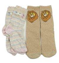 2set - 2x ponožky - Béžovo-barevné pruhované s ovečkami + béžové pruhované - Lví král