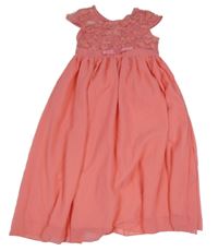 Lososové slavnostní šaty s květy a šifonovou sukní Shein