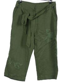 Dámské khaki lněné culottes kalhoty s kytičkami a páskem M&S