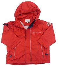 Červená šusťáková jarní bunda s nápise a kapucí 