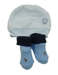 2set- světlemodrá pruhovaná sametová čepice s nášivkou+ modré ponožky