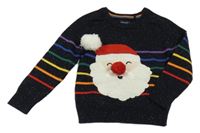 Tmavomodro-barevný melírovano/pruhovaný svetr se Santou zn. Next