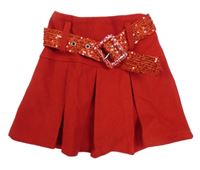 Červená flaušová skládaná sukně s páskem 