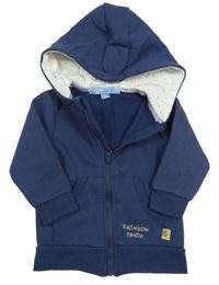 Tmavomodrá propínací mikina s nápisem a kapucí 