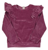 Růžová sametový žebrovaná mikina s volánky 