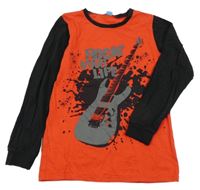 Červeno-černé pyžamové triko s kytarou a nápisem 