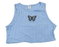 Světlemodrý žebrovaný crop top s motýlem Shein