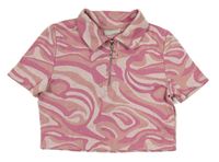 Růžovo-světlerůžové vzorované crop tričko s límečkem Matalan