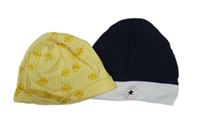 2x - Žlutá čepice s kuřátky + tmavomodro-bílá čepice Converse