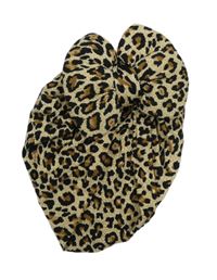 Béžovo-černo-hnědá tygrovaná turbanová čepice s mašlí 