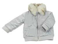 Stříbrná saténová zateplená prošívaná bunda s kožíškem River Island