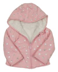 Růžový bavlněný zateplený kabátek s puntíky a kapucí Joules