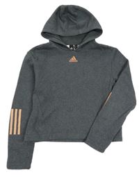 Šedá melírovaná crop mikina s logem a kapucí Adidas