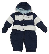 Tmavomodro-bílá šusťáková zimní kombinéza s velrybou a kapucí + rukavice Mothercare