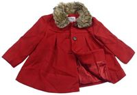 Červený flaušový podšitý kabát s kožešinovým límečkem F&F