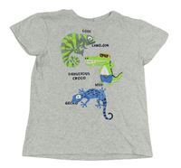 Světlešedé melírované tričko s chameleonem a krokodýlkem a ještěrkou Kiki&Koko