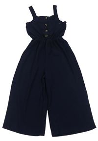 Tmavomodrý mačkaný kalhotový culottes overal s knoflíky a zavazováním zn. PRIMARK