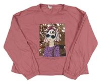 Starorůžové crop triko s dívkou a překlápěcími flitry ZARA