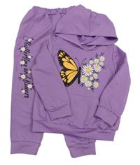 2Set - Fialová mikina s motýlkem a kopretinami a kapsou a kapucí + tepláky