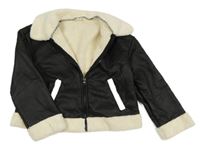 Černo-smetanová koženkovo/huňatá zateplená crop bunda s límečkem SHEI_N