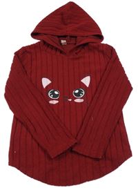 Vínová žebrovaná úpletová tunika s kočičkou a kapucí 