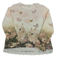 Smetanovo-světlerůžovo-zelené triko s králíčky a motýlky a krajkou H&M