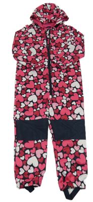 Tmavomodro-růžovo-vínovo-bílá softshellová kombinéza se srdíčky a kapucí lupilu