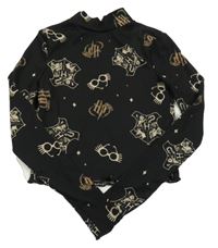 Černý žebrovaný crop rolák s erby a logy a brýlemi - Harry Potter 