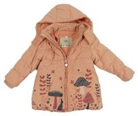 Broskvový šusťákový zimní kabát s houbičkami a kapucí Topolino