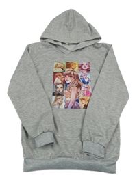 Šedá melírovaná mikina s dívkami a kapucí 