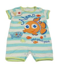 Nové - bílo-azurovo-světlezelený pruhovaný kraťasový overal s NEMEM Disney