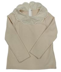 Světlebéžové žebrované úpletové mikinotriko s volánkem s výšivkou a madeirou SHEIN