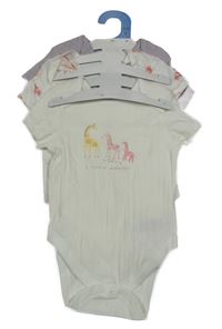 Nové - 3x - Body - Bílé žebrované se žirafami, bílé se sloníky, světlefialové žebrované PRIMARK