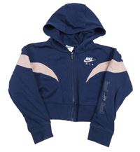 Tmavomodro-světlerůžová propínací crop mikina s logem a kapucí Nike