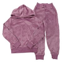 2Set - Růžovofialová plyšová mikina se srdíčky a kapucí + tepláky Jezzie's