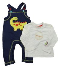 Nové - 2Set - Tmavomodré laclové tepláky s dinosaurem + bílé triko Bluezoo