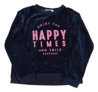 Tmavomodrá plyšová mikina s nápisy H&M