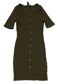 Khaki žebrované elastické šaty s knoflíky New Look