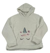 Bílá chlupatá mikina s kapsou s jednorožcem a kapucí H&M