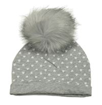 Šedá melírovaná bavlněná čepice se srdíčky a bambulí