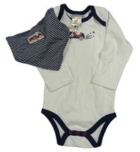 Nové - 2set - Bílé body s autem + tmavomodro-bílý pruhovaný slinták s autem Pusblu