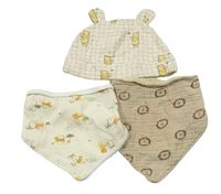 3set - Béžová kostkovaná bavlněná čepice s Púem + béžový mušelínový slinták s lvy + světlebéžový s kočkovitými šelmami