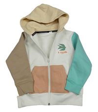 Bílo-tyrkysovo-hnědá propínací mikina s potiskem a kapucí