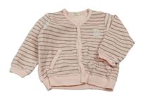 Růžovo-khaki pruhovaná sametová propínací mikina s medvědem Benetton