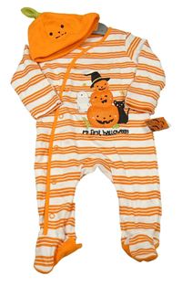 Nové - 2set - Bílo-oranžový pruhovaný overal s dýněmi a kočkou + bavlněná čepice Dunnes