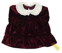 Nové - Vínové sametové šaty s mašlemi a límečkem Shein