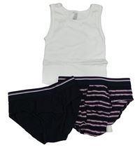 3set - Bílý nátělník + černo-vínovo-bílé pruhované slipy + tmavomodré C&A