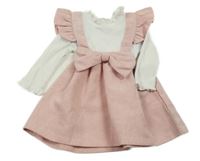 Bílo-růžové žebrované šaty s mašlí a volánky