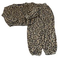2 set - béžovo-černé leopardí plyšové tepláky + crop mikina Next