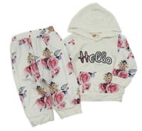 2 set - bílá lehká květovaná mikina s kapucí + květované lehké tepláky 